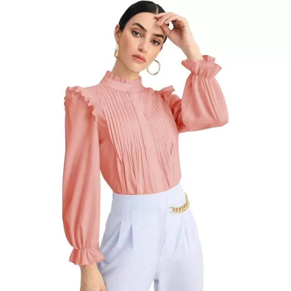 WDIRARA Women's Pleated Ruffle Trim Flounce Long Sleeve Mock Neck Blouse Top