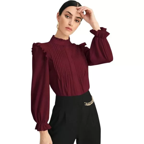 WDIRARA Women's Pleated Ruffle Trim Flounce Long Sleeve Mock Neck Blouse Top