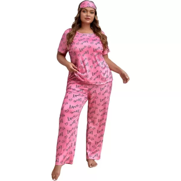 WDIRARA Women's Plus 3 Piece Heart Print Short Sleeve Top and Pants Pajama Set with Eye Mask