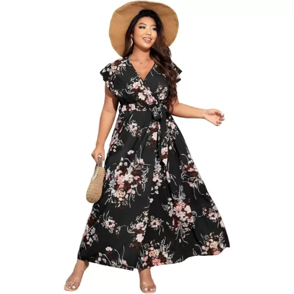 WDIRARA Women's Plus Floral Wrap V Neck Slit A Line Flutter Sleeve Swing Belted Maxi Dress