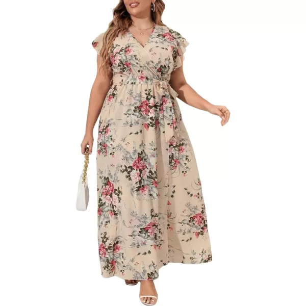 WDIRARA Women's Plus Floral Wrap V Neck Slit A Line Flutter Sleeve Swing Belted Maxi Dress