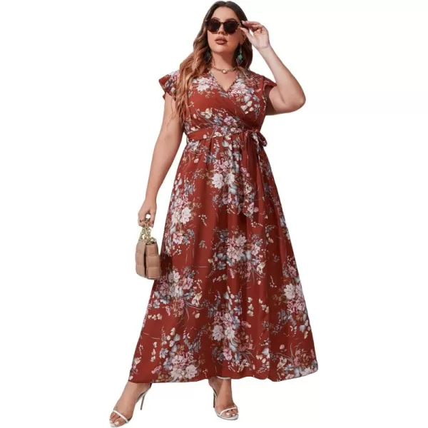WDIRARA Women's Plus Floral Wrap V Neck Slit A Line Flutter Sleeve Swing Belted Maxi Dress