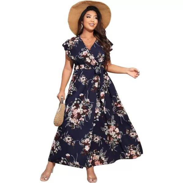 WDIRARA Women's Plus Floral Wrap V Neck Slit A Line Flutter Sleeve Swing Belted Maxi Dress