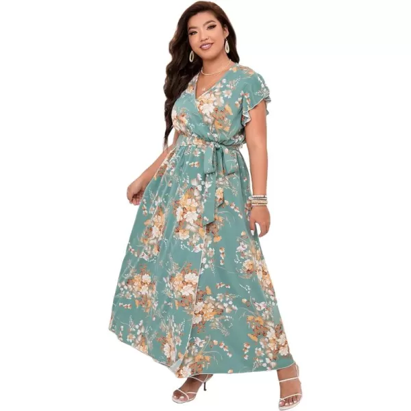 WDIRARA Women's Plus Floral Wrap V Neck Slit A Line Flutter Sleeve Swing Belted Maxi Dress