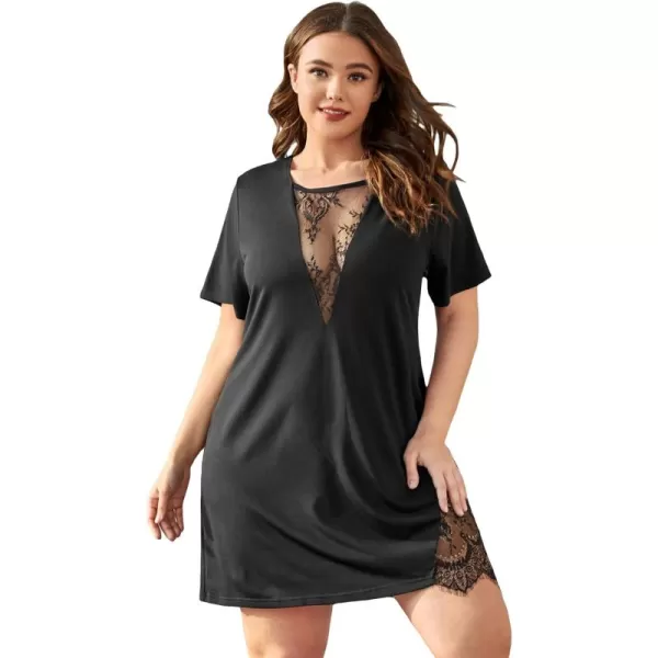 WDIRARA Women's Plus SIze Lace Trim Short Sleeve Round Neck Nightdress Sleepshirts