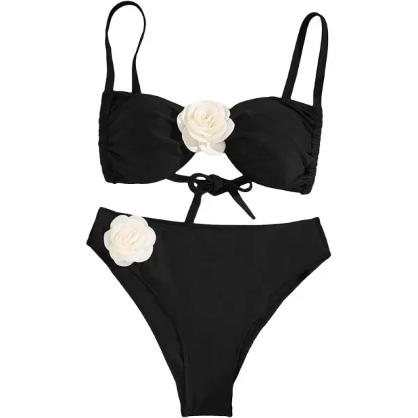 WDIRARA Women's Plus Size 2 Piece Cute Swimsuits Floral Appliques High Waist Bikini Set Beach Bathing Suit