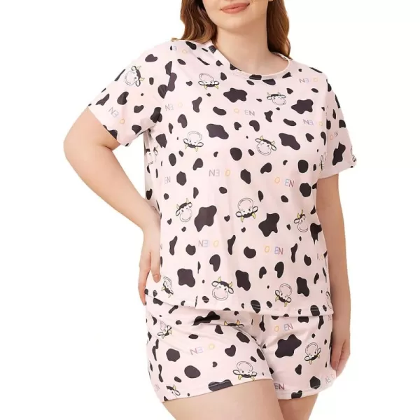 WDIRARA Women's Plus Size 2 Piece Sleepwear Cow Print Short Sleeve Top and Pants Pj Set