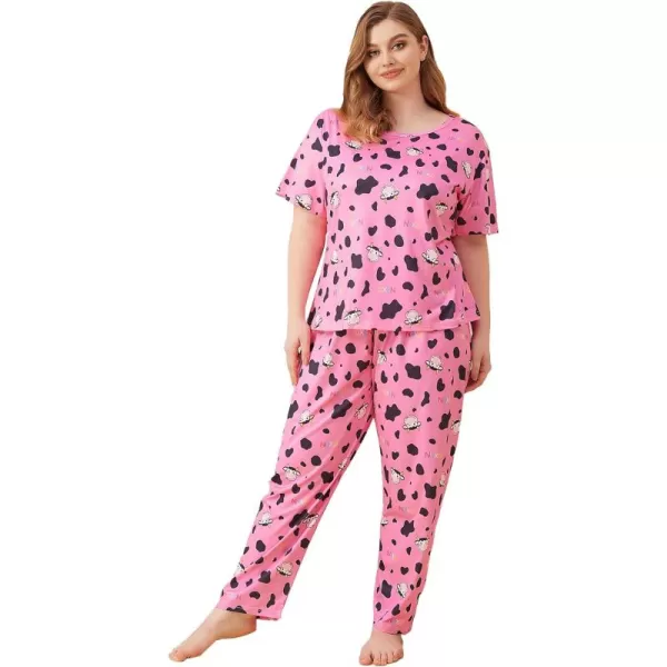 WDIRARA Women's Plus Size 2 Piece Sleepwear Cow Print Short Sleeve Top and Pants Pj Set