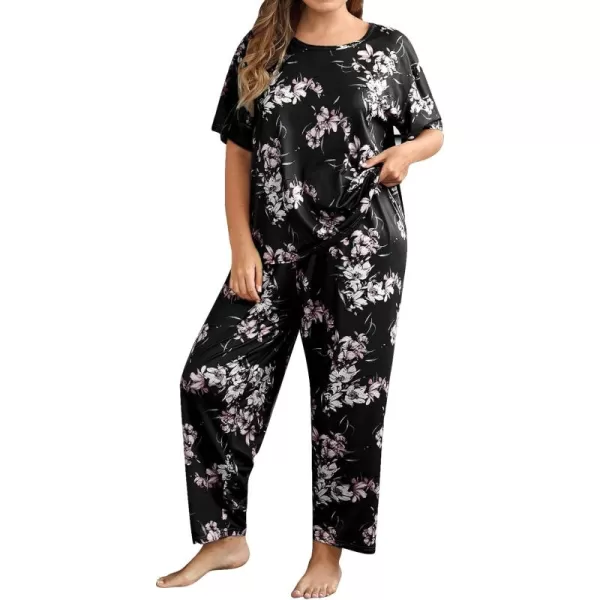 WDIRARA Women's Plus Size 2 Piece Sleepwear Floral Short Sleeve Top and Pants Pajama Set