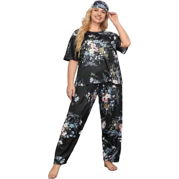 WDIRARA Women's Plus Size 2 Piece Sleepwear Floral Short Sleeve Top and Pants Pajama Set