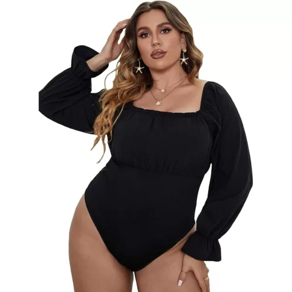 WDIRARA Women's Plus Size Bishop Long Sleeve Scoop Neck Bodysuit Casual Tops
