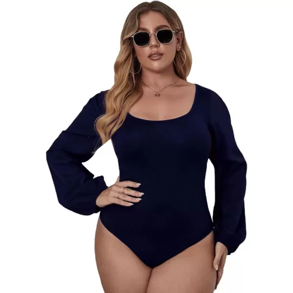 WDIRARA Women's Plus Size Bishop Long Sleeve Scoop Neck Bodysuit Casual Tops