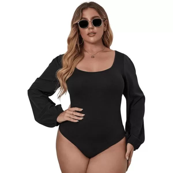 WDIRARA Women's Plus Size Bishop Long Sleeve Scoop Neck Bodysuit Casual Tops