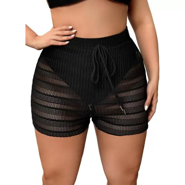 WDIRARA Women's Plus Size Boho Hollow Out Cover Up Shorts High Waist Swimwear Sheer Beach Shorts