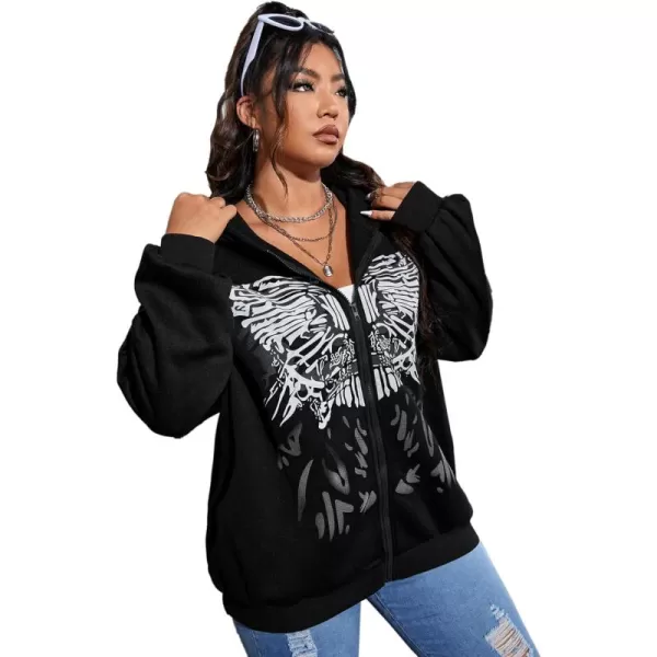 WDIRARA Women's Plus Size Butterfly Print Zip Up Drop Shoulder Hoodie Sweatshirt