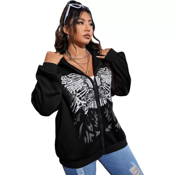 WDIRARA Women's Plus Size Butterfly Print Zip Up Drop Shoulder Hoodie Sweatshirt