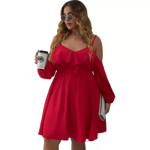 WDIRARA Women's Plus Size Cold Shoulder Ruffle Trim Bishop Sleeve A Line Dress