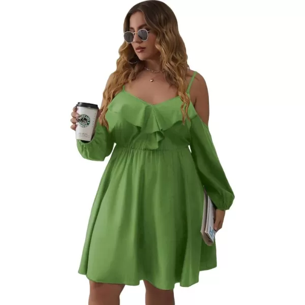 WDIRARA Women's Plus Size Cold Shoulder Ruffle Trim Bishop Sleeve A Line Dress