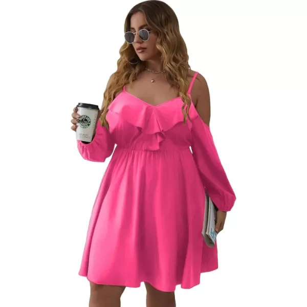 WDIRARA Women's Plus Size Cold Shoulder Ruffle Trim Bishop Sleeve A Line Dress