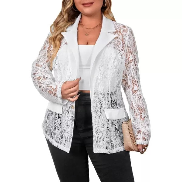 WDIRARA Women's Plus Size Contrast Lace Button Front Lapel Neck Long Sleeve Elegant Blazer