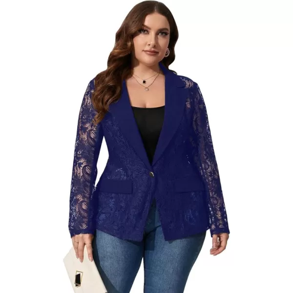 WDIRARA Women's Plus Size Contrast Lace Button Front Lapel Neck Long Sleeve Elegant Blazer