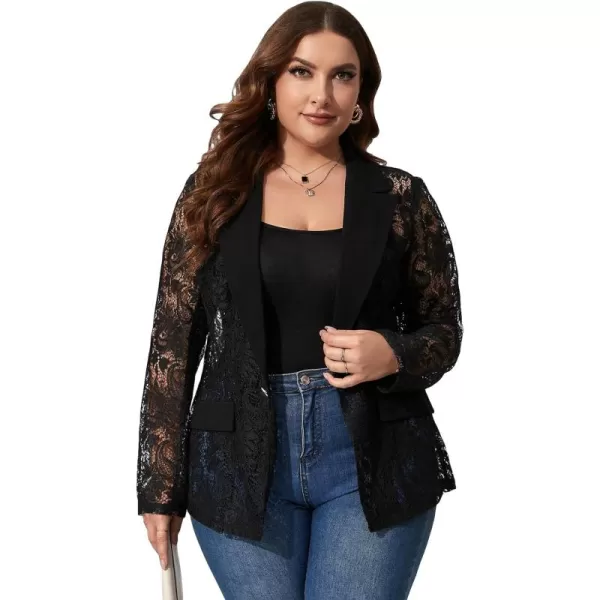 WDIRARA Women's Plus Size Contrast Lace Button Front Lapel Neck Long Sleeve Elegant Blazer