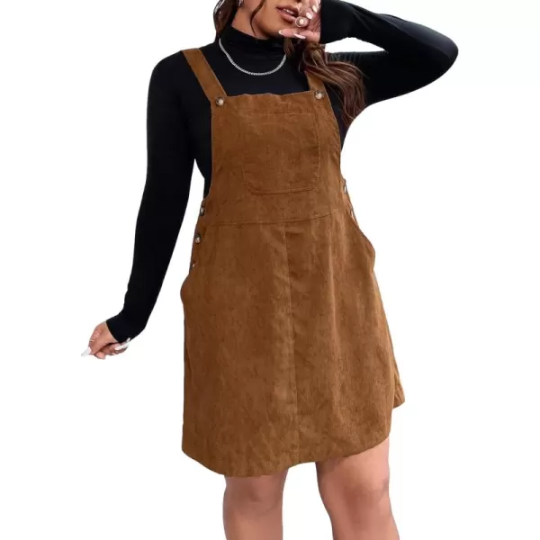 WDIRARA Women's Plus Size Corduroy Overalls Sleeveless Solid Pinafore Dress with Pocket