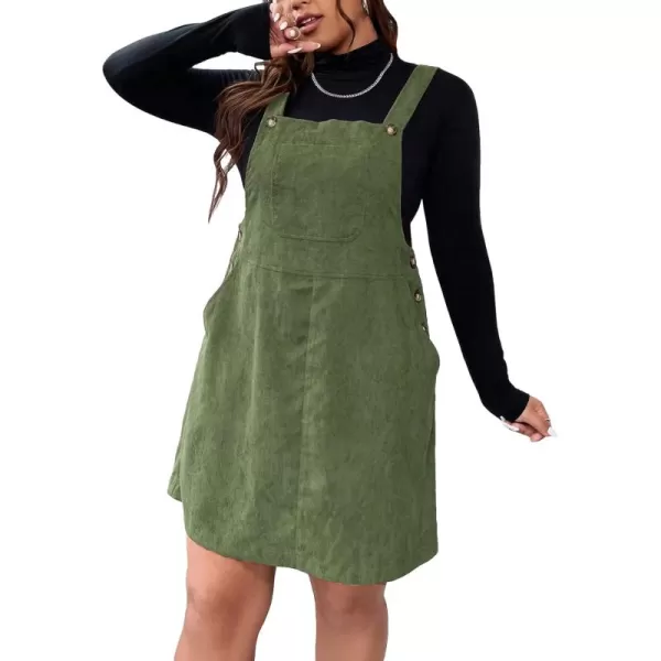 WDIRARA Women's Plus Size Corduroy Overalls Sleeveless Solid Pinafore Dress with Pocket