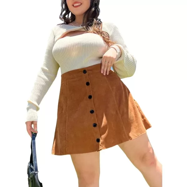 WDIRARA Women's Plus Size Corduroy Skirt A Line Flare High Waisted Button Mini Skirt