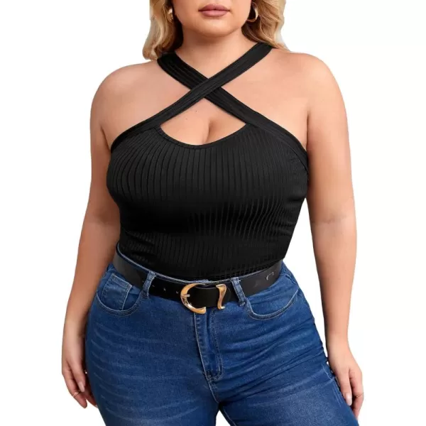WDIRARA Women's Plus Size Criss Cross Cut Out Ribbed Knit Halter Sleeveless Cami Crop Top