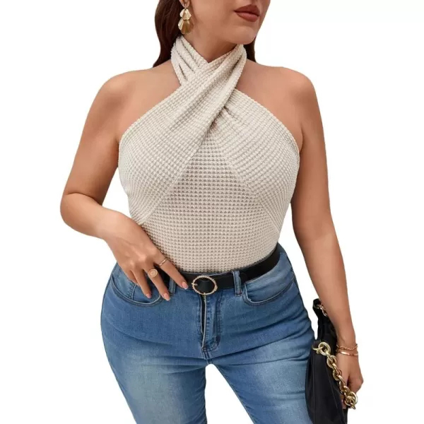WDIRARA Women's Plus Size Crisscross Backless Blouse Rib Knit Tee Halter Sleeveless Top