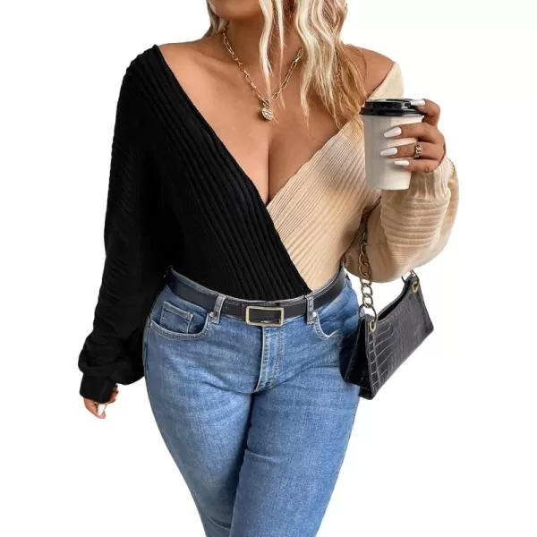 WDIRARA Women's Plus Size Deep V Neck Bodysuit Blouse Textured Colorblock Long Sleeve Casual Bodysuit Tops