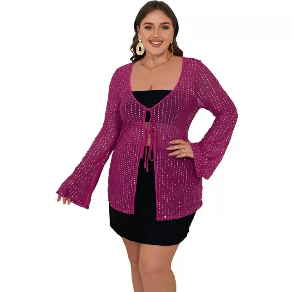 WDIRARA Women's Plus Size Deep V Neck Tie Front Flounce Long Sleeve Sequin Mesh Party Top