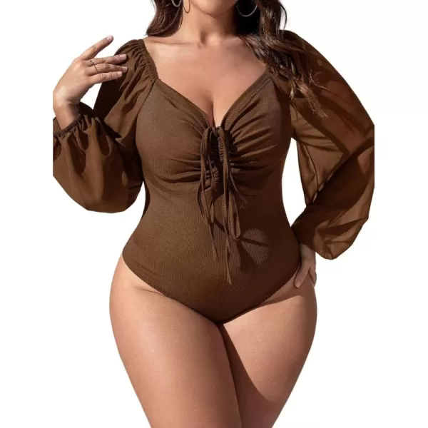 WDIRARA Women's Plus Size Drawstring Tie Front Ruched Chiffon Lantern Sleeve Solid Bodysuit