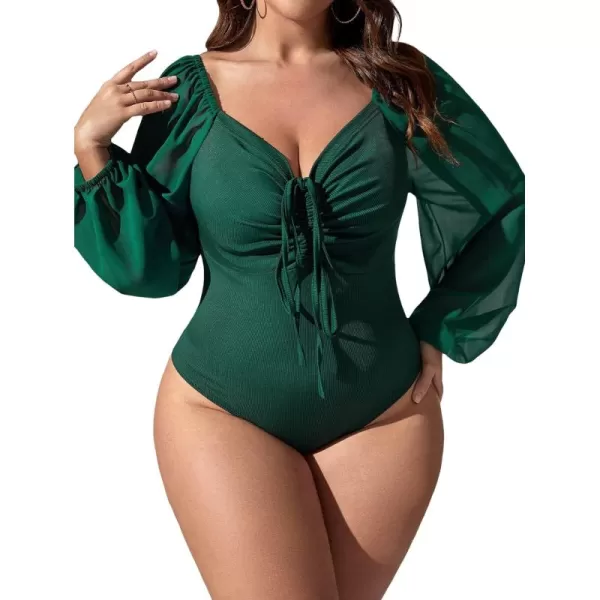 WDIRARA Women's Plus Size Drawstring Tie Front Ruched Chiffon Lantern Sleeve Solid Bodysuit