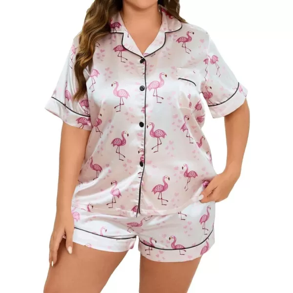 WDIRARA Women's Plus Size Flamingo Print Contrast Piping Button Front Short Sleeve Satin Pajama Set