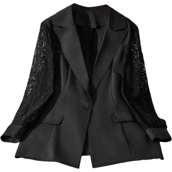 WDIRARA Women's Plus Size Floral Lace Long Sleeve Button Front Blazer Jacket