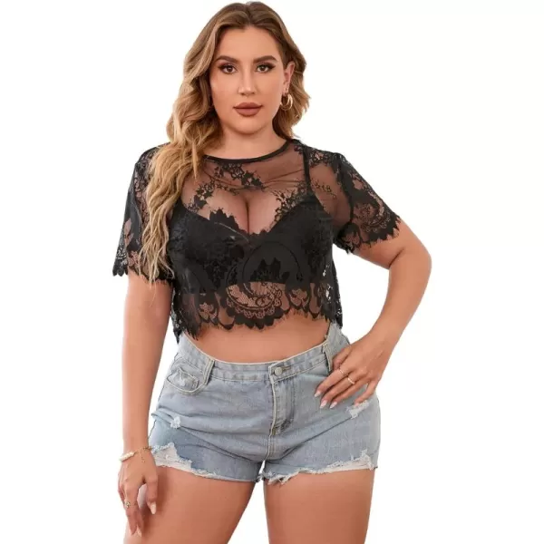 WDIRARA Women's Plus Size Floral Lace Tee Shirts See Through Short Sleeve Crop Tops