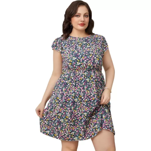 WDIRARA Women's Plus Size Floral Print Cap Sleeve Summer Casual Short A Line Dress