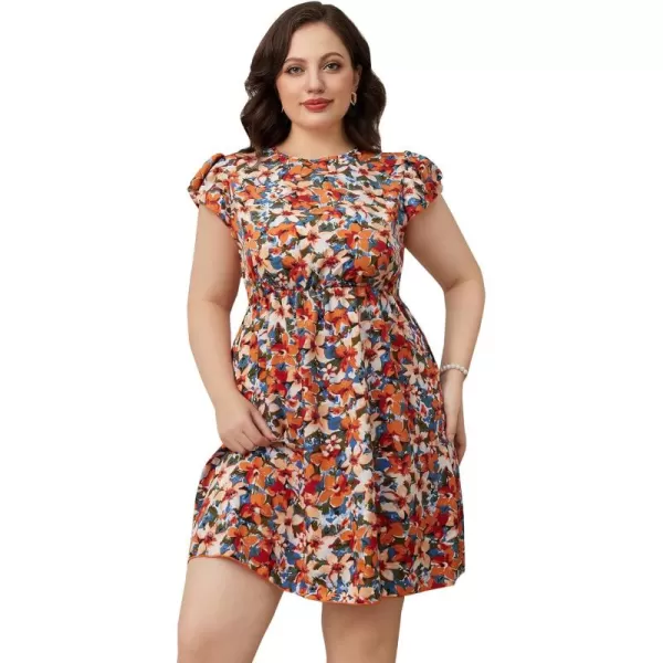 WDIRARA Women's Plus Size Floral Print Cap Sleeve Summer Casual Short A Line Dress