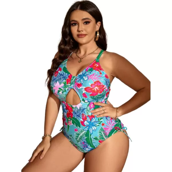 WDIRARA Women's Plus Size Floral Print Cutout Drawstring One Piece Swimsuit Monokini
