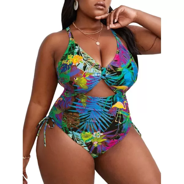 WDIRARA Women's Plus Size Floral Print Cutout Drawstring One Piece Swimsuit Monokini