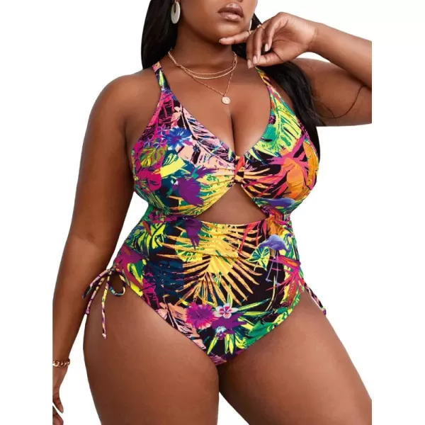 WDIRARA Women's Plus Size Floral Print Cutout Drawstring One Piece Swimsuit Monokini