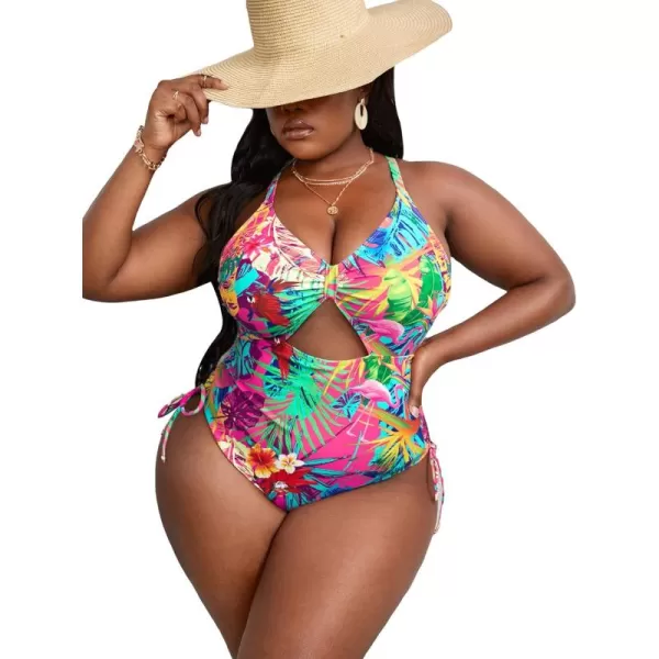 WDIRARA Women's Plus Size Floral Print Cutout Drawstring One Piece Swimsuit Monokini