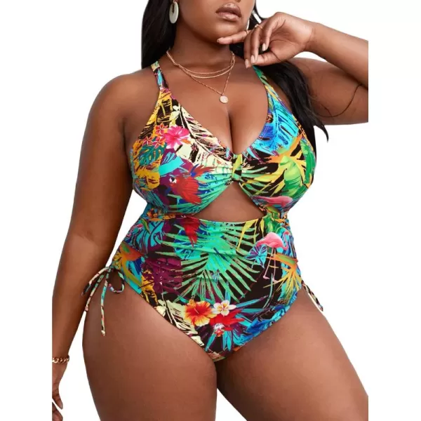 WDIRARA Women's Plus Size Floral Print Cutout Drawstring One Piece Swimsuit Monokini