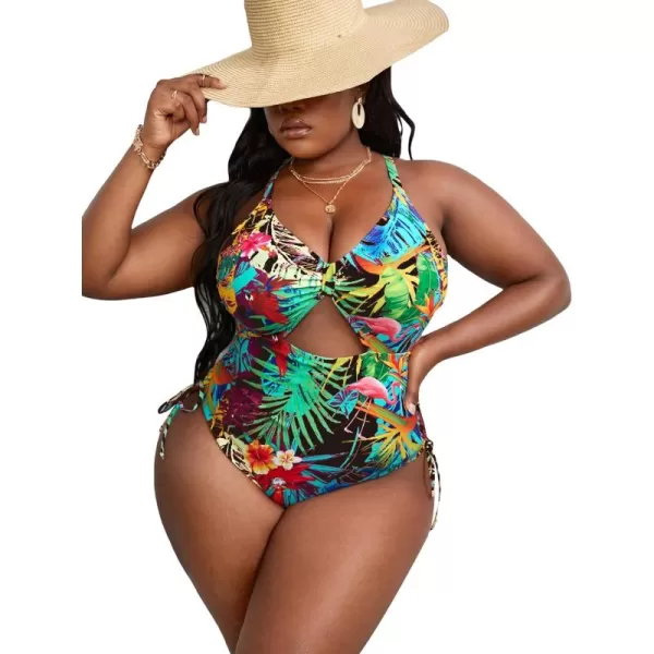 WDIRARA Women's Plus Size Floral Print Cutout Drawstring One Piece Swimsuit Monokini