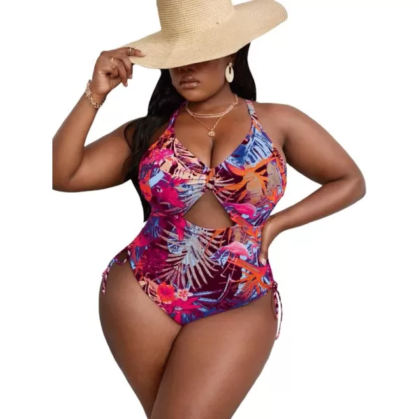 WDIRARA Women's Plus Size Floral Print Cutout Drawstring One Piece Swimsuit Monokini