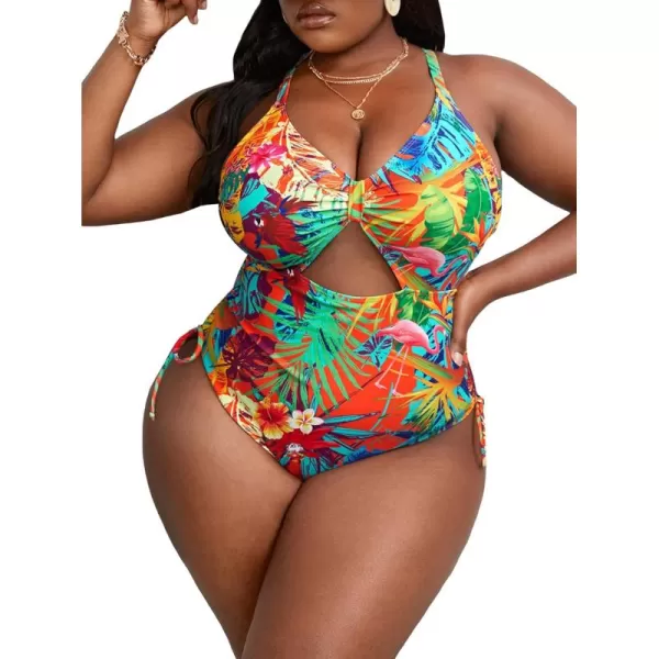 WDIRARA Women's Plus Size Floral Print Cutout Drawstring One Piece Swimsuit Monokini