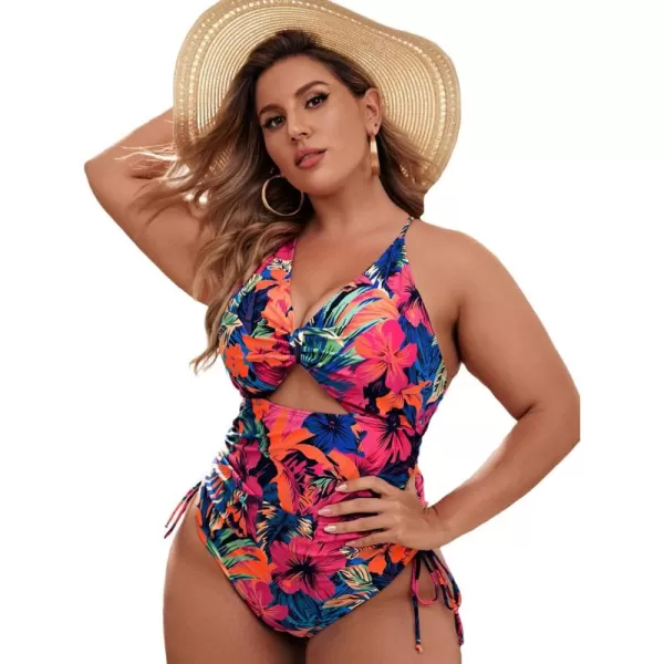 WDIRARA Women's Plus Size Floral Print Cutout Drawstring One Piece Swimsuit Monokini