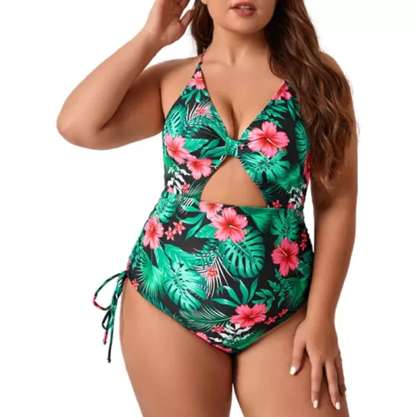 WDIRARA Women's Plus Size Floral Print Cutout Drawstring One Piece Swimsuit Monokini